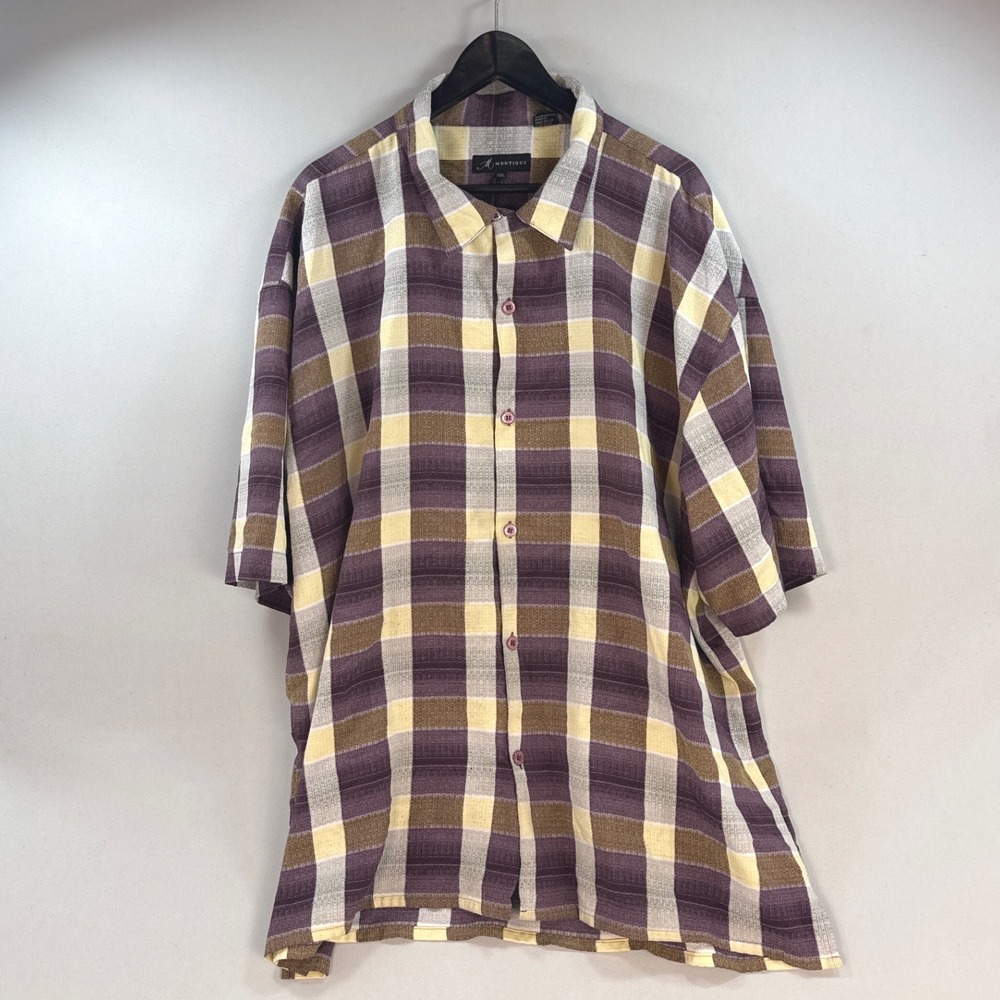 Montique Mens 3XL Short Sleeve Button Down Shirt Plaid Textured Purple Yellow